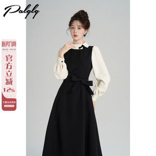 赫本风收腰长裙小黑裙 黑色连衣裙女冬季 Palglg法式 千金风拼接长款