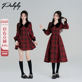 学院风娃娃领红色格子连衣裙女冬季 气质法式 小香风收腰内搭a字裙