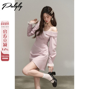 拼接蕾丝紫色斜肩长袖连衣裙女春季温柔风褶皱掐腰漂亮法式a字裙