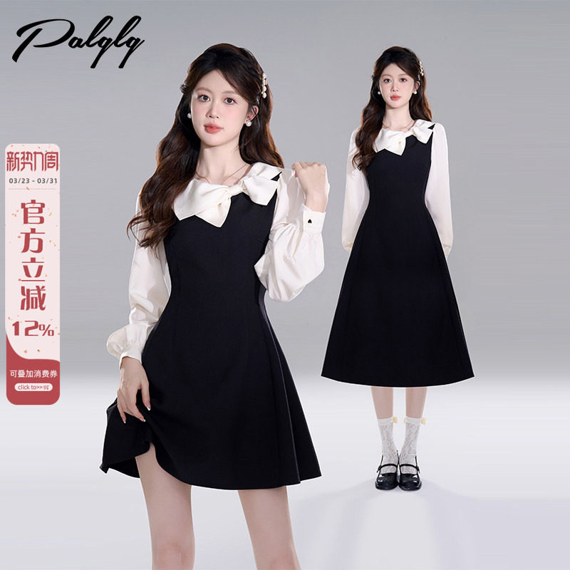 法式赫本风假两件黑色连衣裙女春装2026新款富家千金风收腰a字裙