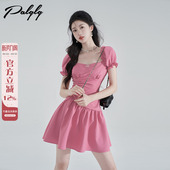 2026新款 夏季 荷叶边褶皱气质收腰裙 泡泡袖 玫红色方领连衣裙女法式