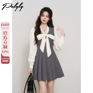 法式初恋灰色v领连衣裙女长袖秋季高级感miu系收腰学院风百褶裙子