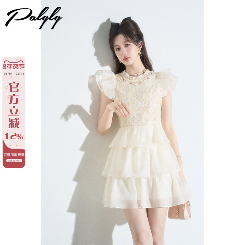 法式复古拼接蕾丝飞飞袖连衣裙女夏季高级感甜美气质小香风蛋糕裙,女装/女士精品,连衣裙,淘宝优惠券,粉丝福利购,淘宝优惠卷