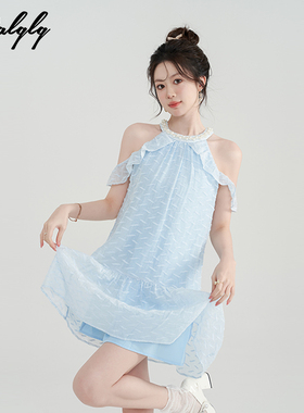 法式富家千金蓝色挂脖连衣裙女夏季新款荷叶边小香风无袖a字裙子