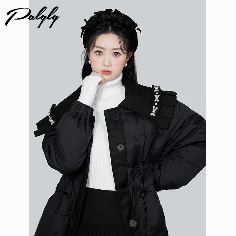 palglg大翻领宽松保暖中长款羽绒服女韩版收腰白鸭绒外套冬季新款