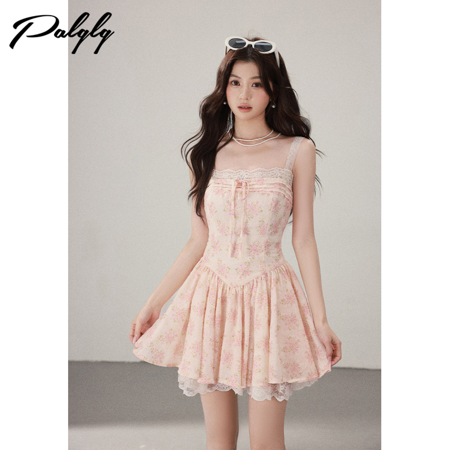 Palglg法式甜美粉色碎花蕾丝吊带连衣裙女夏季收腰大摆蓬蓬a字裙