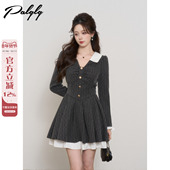 miu系穿搭法式 灰色v领波点连衣裙女秋季 小香风收腰学院风a字短裙