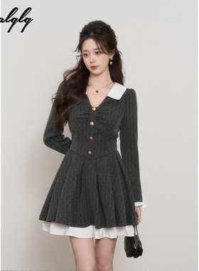 miu系穿搭法式灰色v领波点连衣裙女秋季小香风收腰学院风a字短裙