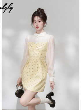 法式假两件黄色波点衬衫连衣裙女