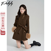 高级感系带收腰中长款 Palglg法式 复古立领毛呢外套女冬季 棕色大衣