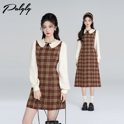 法式娃娃领假两件毛呢连衣裙