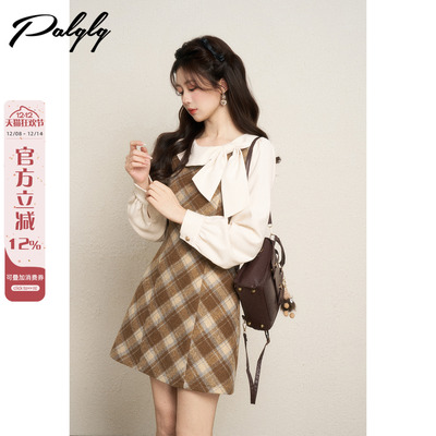 甜美小香风卡其色格子加厚连衣裙