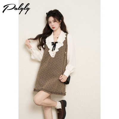 法式假两件卡其色v领连衣裙女秋