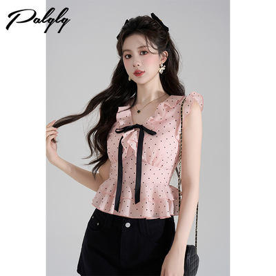 高级感荷叶边v领粉色衬衫女夏季