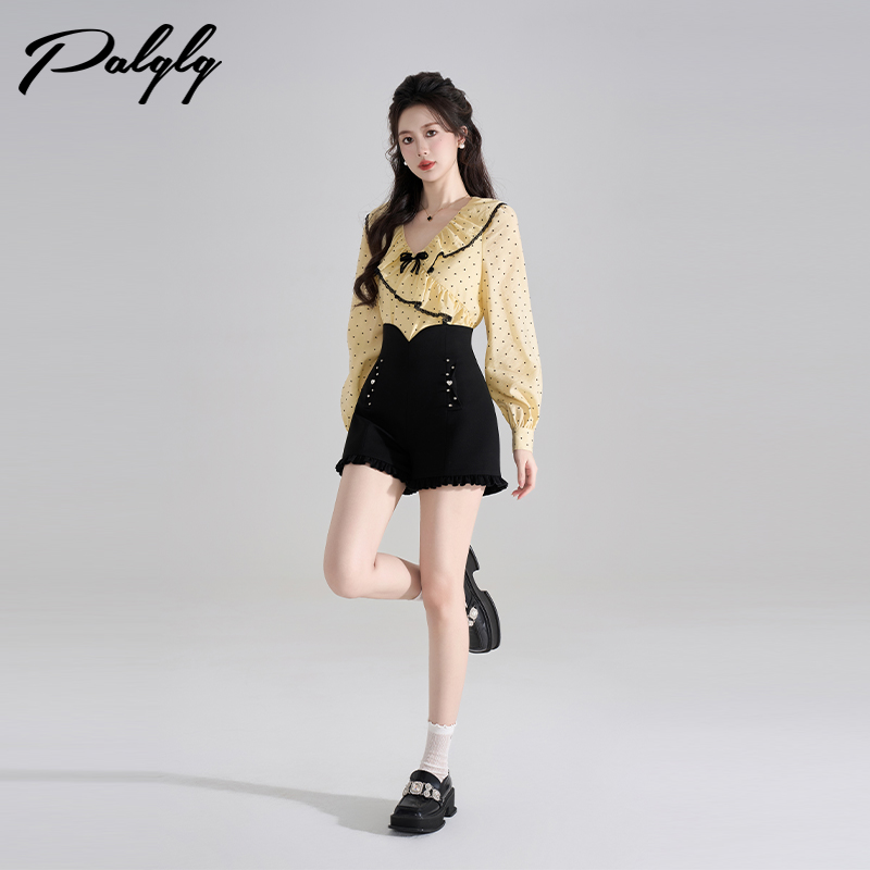 法式荷叶边v领波点黄色衬衫女春