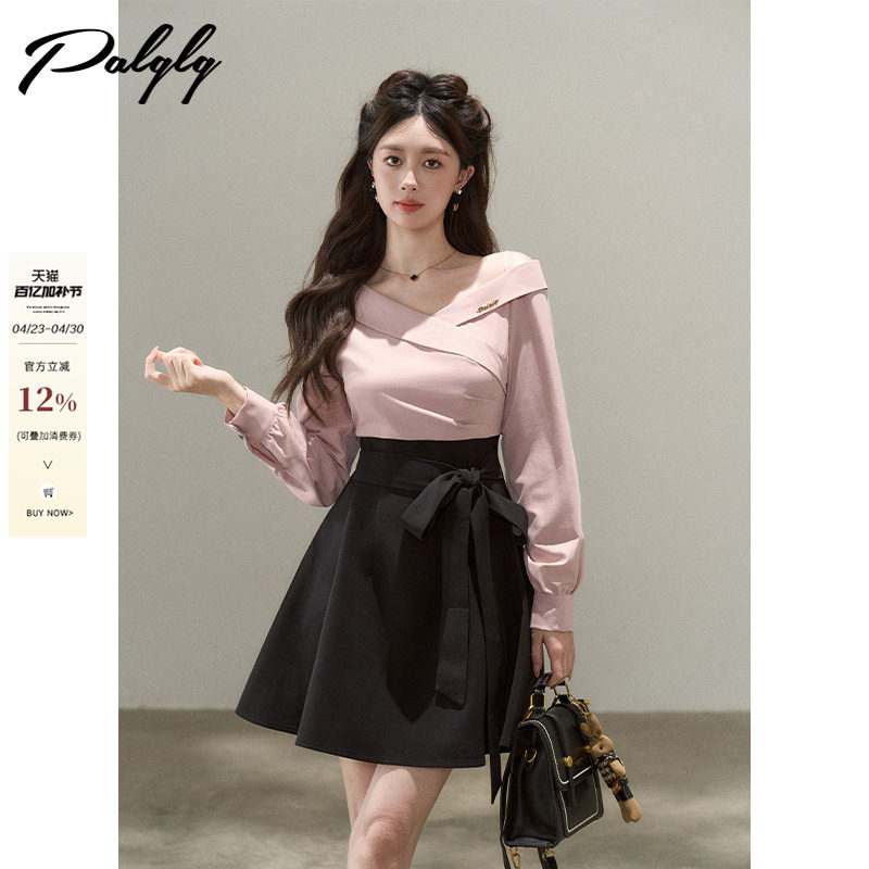 设计感小众假两件v领斜肩长袖连衣裙女秋装高腰显瘦通勤a字短裙子