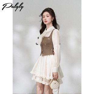 Palglg设计感小众英伦风假两件连衣裙女春季新款法式收腰漂亮裙子