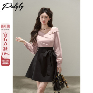 设计感小众假两件v领斜肩长袖 高腰显瘦通勤a字短裙子 连衣裙女秋装