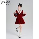 Palglg圣诞穿搭红色v领丝绒连衣裙女冬法式 小香风收腰拼接蕾丝裙