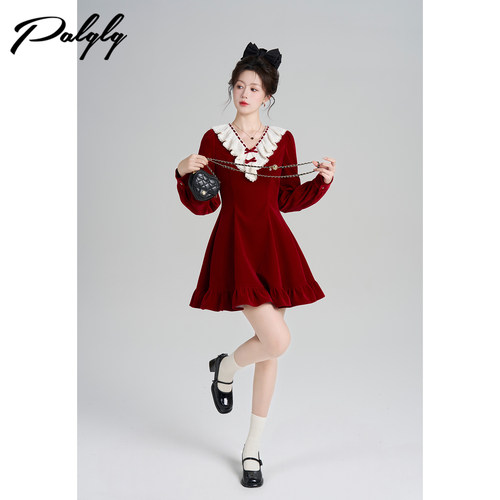 圣诞穿搭红色v领丝绒连衣裙女