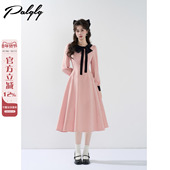 连衣裙女春秋季 法式 富家千金风粉色长袖 设计感小众收腰甜美拼接裙