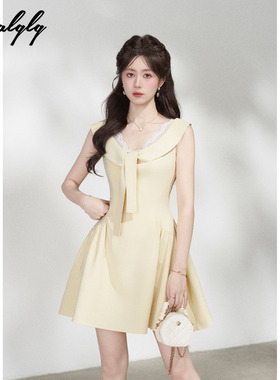 Palglg法式甜美黄色拼接蕾丝无袖连衣裙女夏学院风掐腰显瘦a字裙