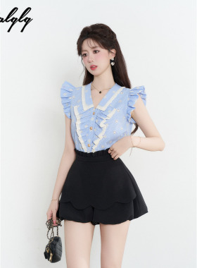 Palglg学院风蓝色条纹飞飞袖衬衫套装女夏季高级感花苞短裤两件套