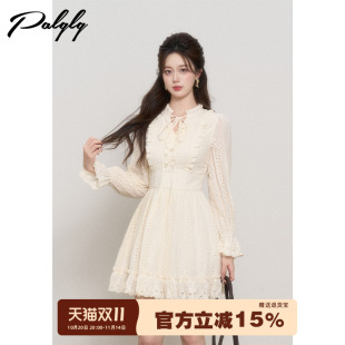 高级感甜美初恋小洋裙子 连衣裙女秋季 法式 木耳边镂空蕾丝v领长袖