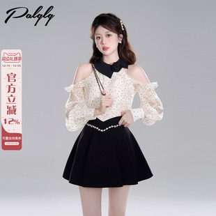 2025年新款 女早秋装 高级感荷叶边雪纺上衣 衬衫 山茶花露肩波点长袖