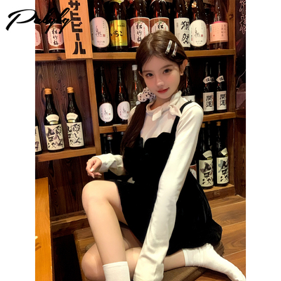 甜美风黑色丝绒吊带连衣裙女冬季