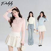 两件129元 冬季 法式 修身 杏色立领针织打底衫 加绒叠穿小衫 上衣