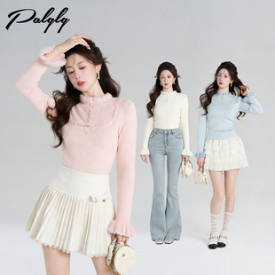 修身 法式 杏色立领针织打底衫 冬季 上衣 加绒叠穿小衫 两件129元