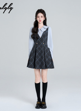 法式娃娃领假两件绝美连衣裙女冬季小香风千金格子蓝色打底a字裙