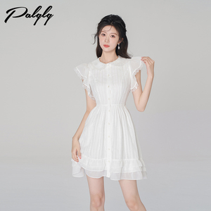 Palglg白色雪纺连衣裙女夏季荷叶边短裙2023年新款高腰A字小白裙