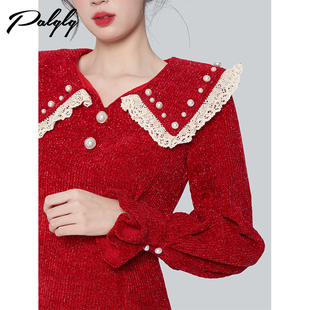 蕾丝拼接红色娃娃领连衣裙秋冬季 收腰针织裙子甜美年会战袍女 新款