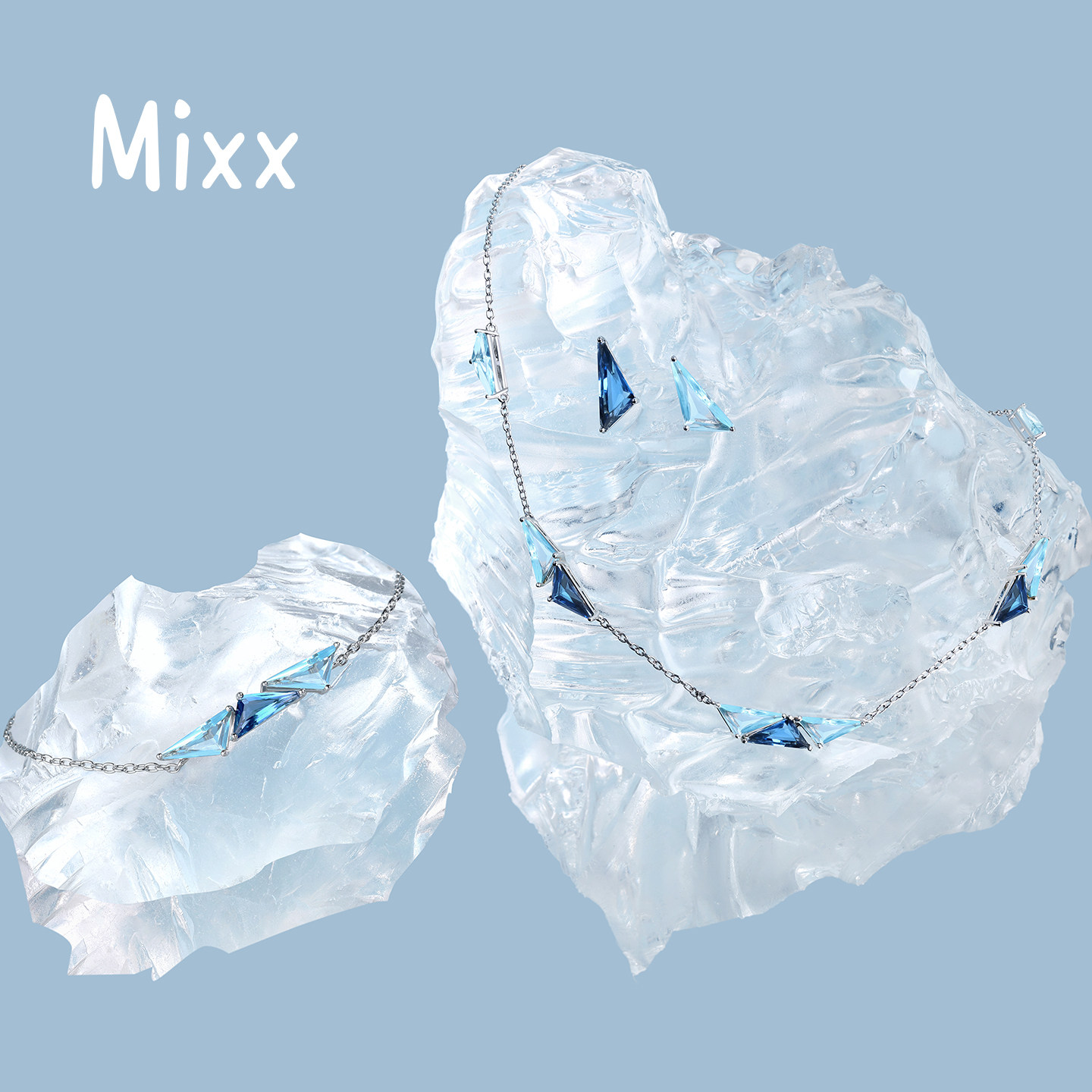 Mixx靡诗2025秋季新品925银双映蓝三角形琉璃耳钉项链手链套装,饰品/流行首饰/时尚饰品新,耳环,淘宝优惠券,粉丝福利购,淘宝优惠卷