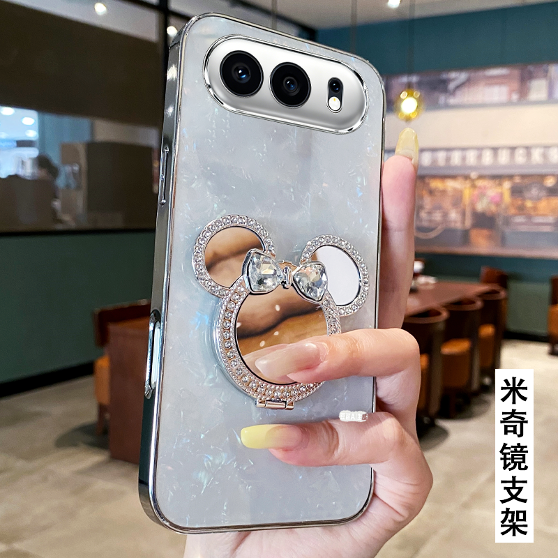 卡通贝壳镜子支架适用荣耀500手机壳外壳600/2025年x50i+全包x50i女款x20高级感500新款GT防摔100保护套