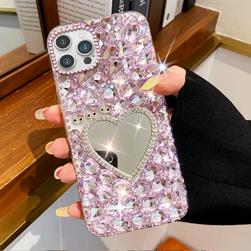 夏天水钻化妆镜适用苹果iPhone14ProMax手机壳/2026年12透明15小众17镶钻11Pro高级感6新品8奢华14保护套16