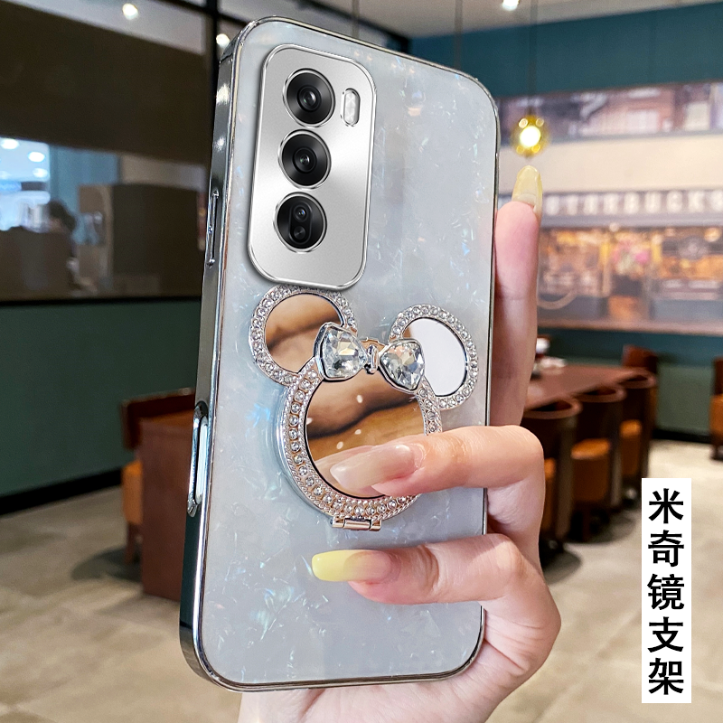 卡通贝壳镜子支架适用OPPOReno12手机壳全包5防摔6+高级感9/2025年7外壳15保护套13网红15女款12新款A92S/14