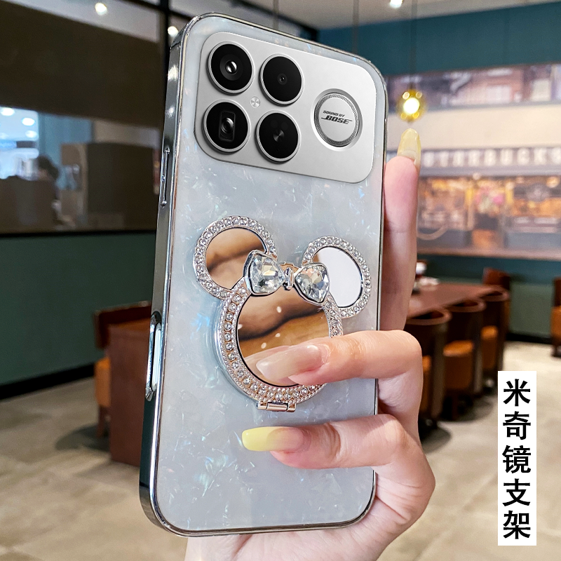 卡通贝壳镜子支架适用Redmi红米K90手机壳网红k40/2025年k40s外壳k60女款12T新款4全包k40高级感13+防摔