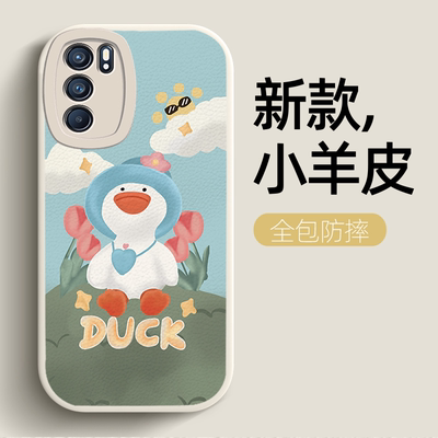 镜头全包DUCK蓝帽鸭小羊皮适用OPPO RENO6手机壳reon6pro女5g新款ren07se白色5k小众re4es男网红r3pr0曲屏opp