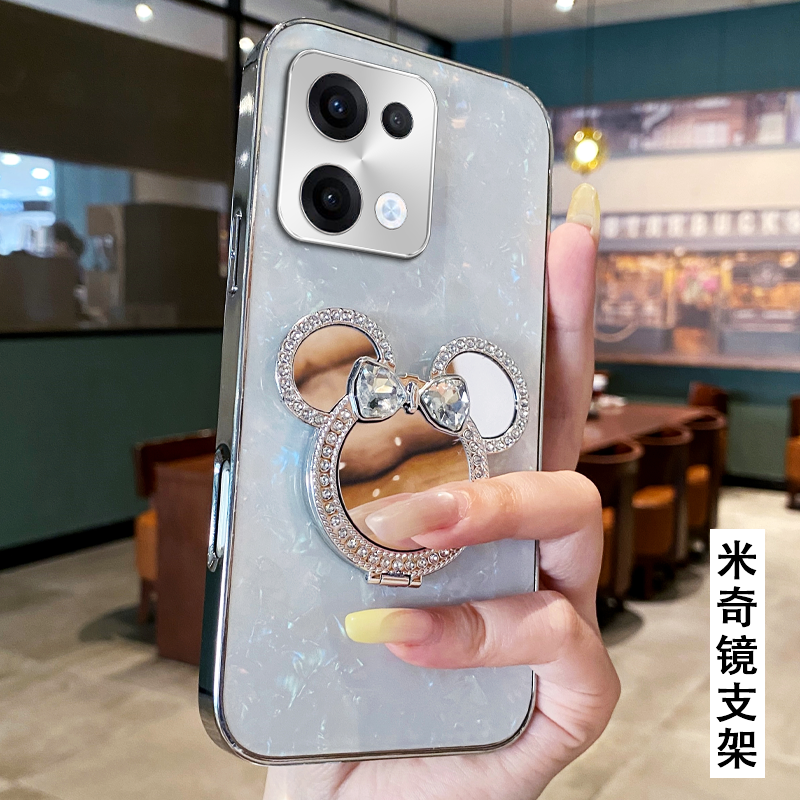 卡通贝壳镜子支架适用OPPOReno13手机壳女款9外壳K10x全包9防摔K11x/2025年K9x网红K13新款K12高级感9+保护套