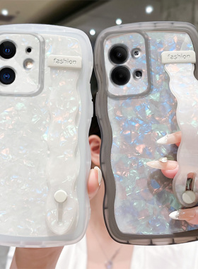 纯色波浪仙贝带支架适用OPPOReno9手机壳10pro+网红A58保护套a1pro新款Reno4/3/2/5/6/7/k7/K9/K10高级OP小众