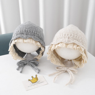 女宝宝帽子秋冬款 蕾丝花边针织护耳帽洋气女童保暖毛线系带宫廷帽