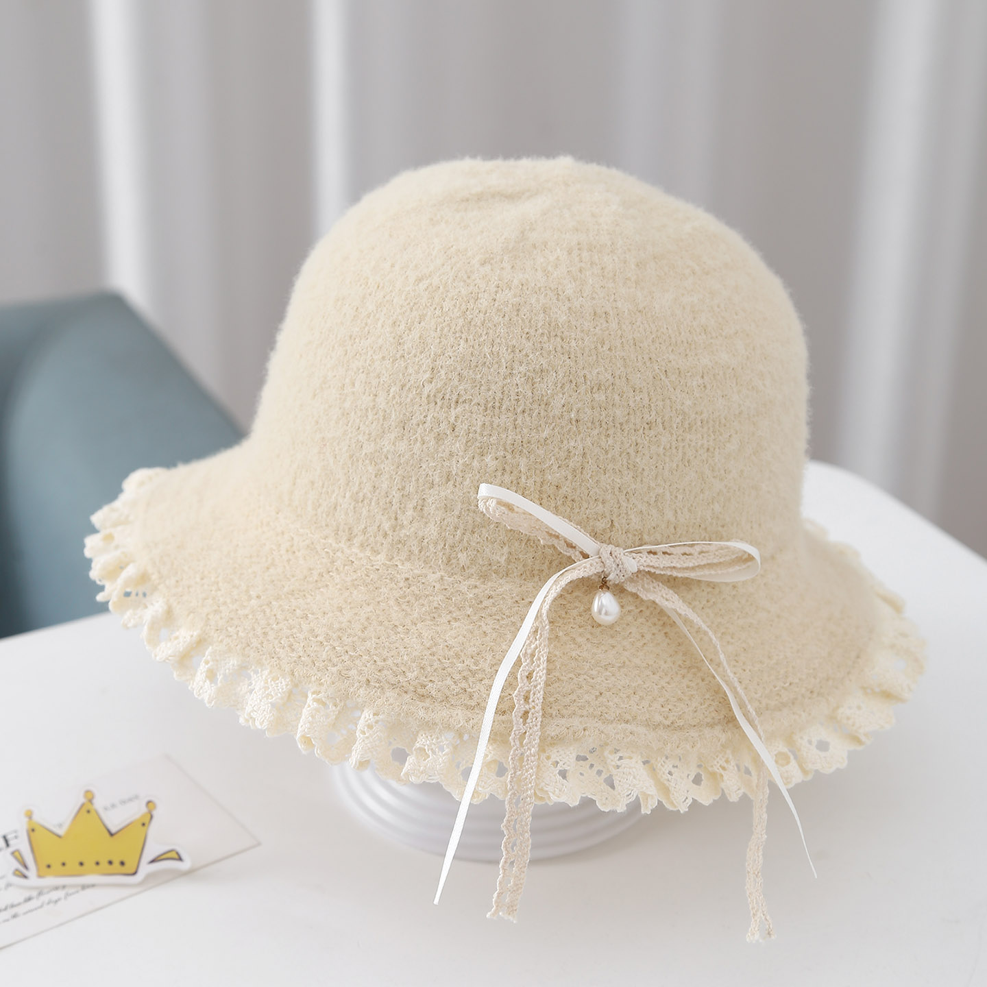 儿童帽子秋冬季洋气蕾丝花边女宝宝渔夫帽女童蝴蝶结公主针织盆帽