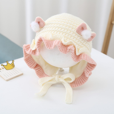 宝宝帽子秋冬款女婴儿公主风花边毛线帽洋气可爱女宝针织护耳帽潮