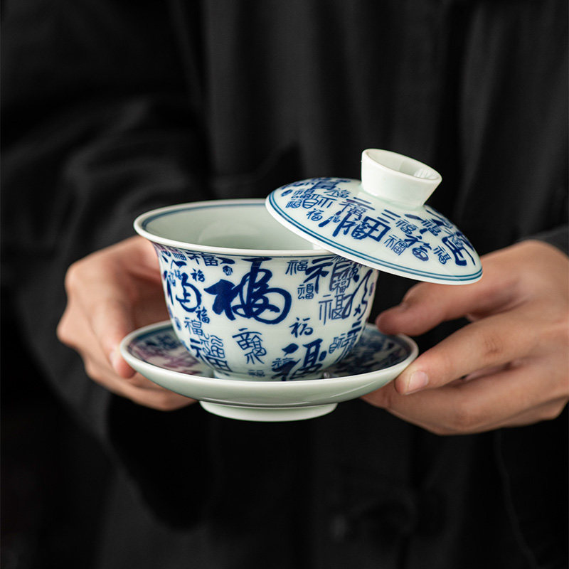 360度悬停旋转盖碗手绘釉中彩青花三才茶碗大号陶瓷杯家用不烫手