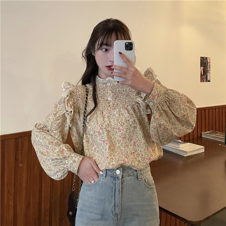 Real price ~ 2021 spring new French court style gentle foreign style floral Long Sleeve Chiffon shirt