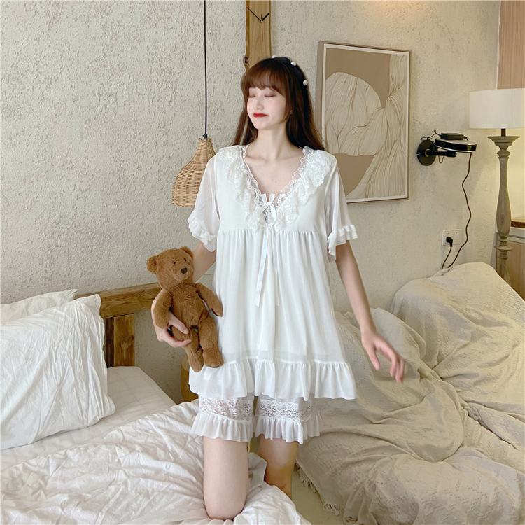 Real price ~ summer loose ice ribbon bra housewear sweet lace thin short sleeve pajamas suit