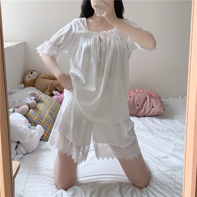 Real price ~ summer style simple lace splicing ice thin short sleeve pajamas home suit